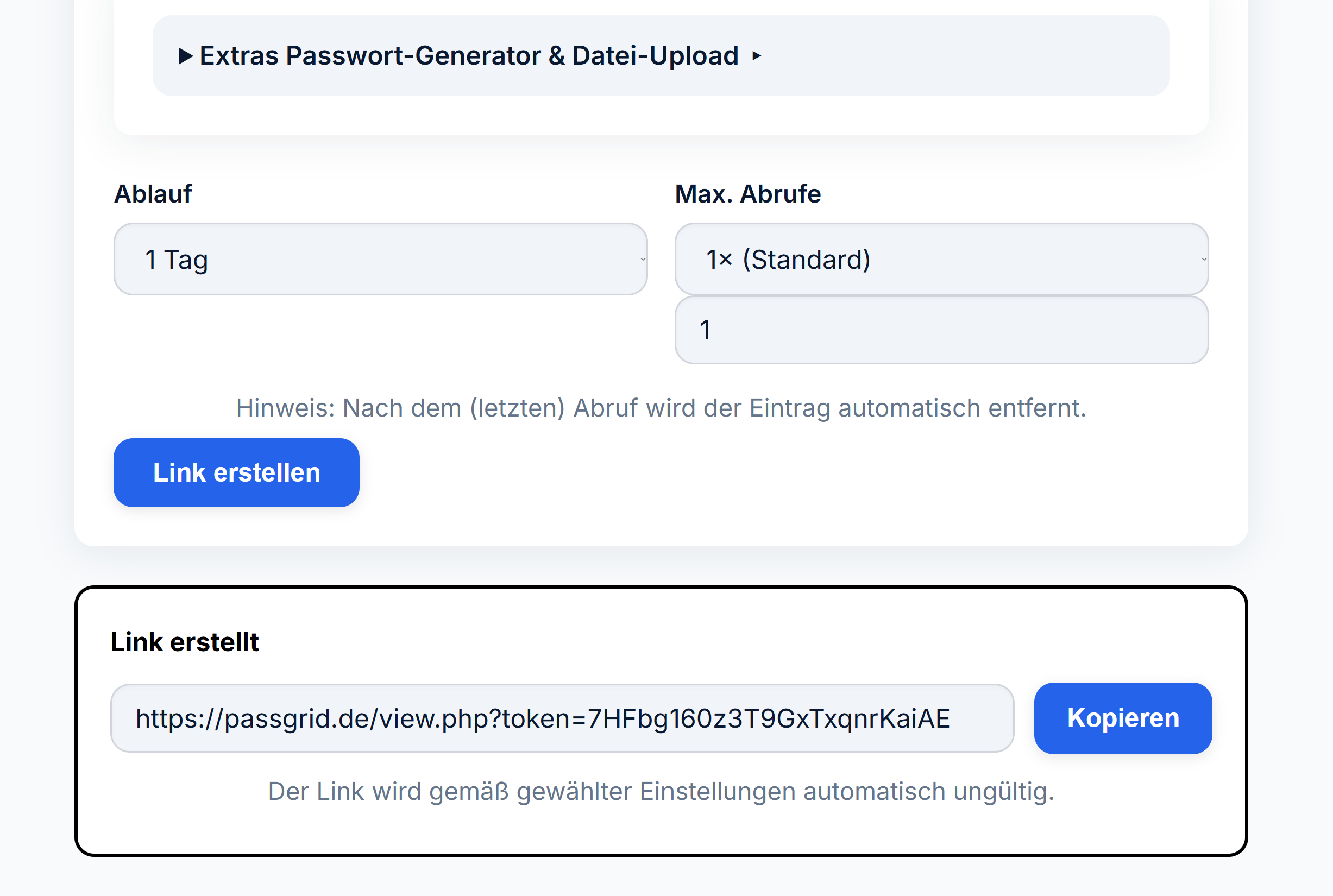 PassGrid Dashboard – Einmal-Link für Passwort sicher teilen